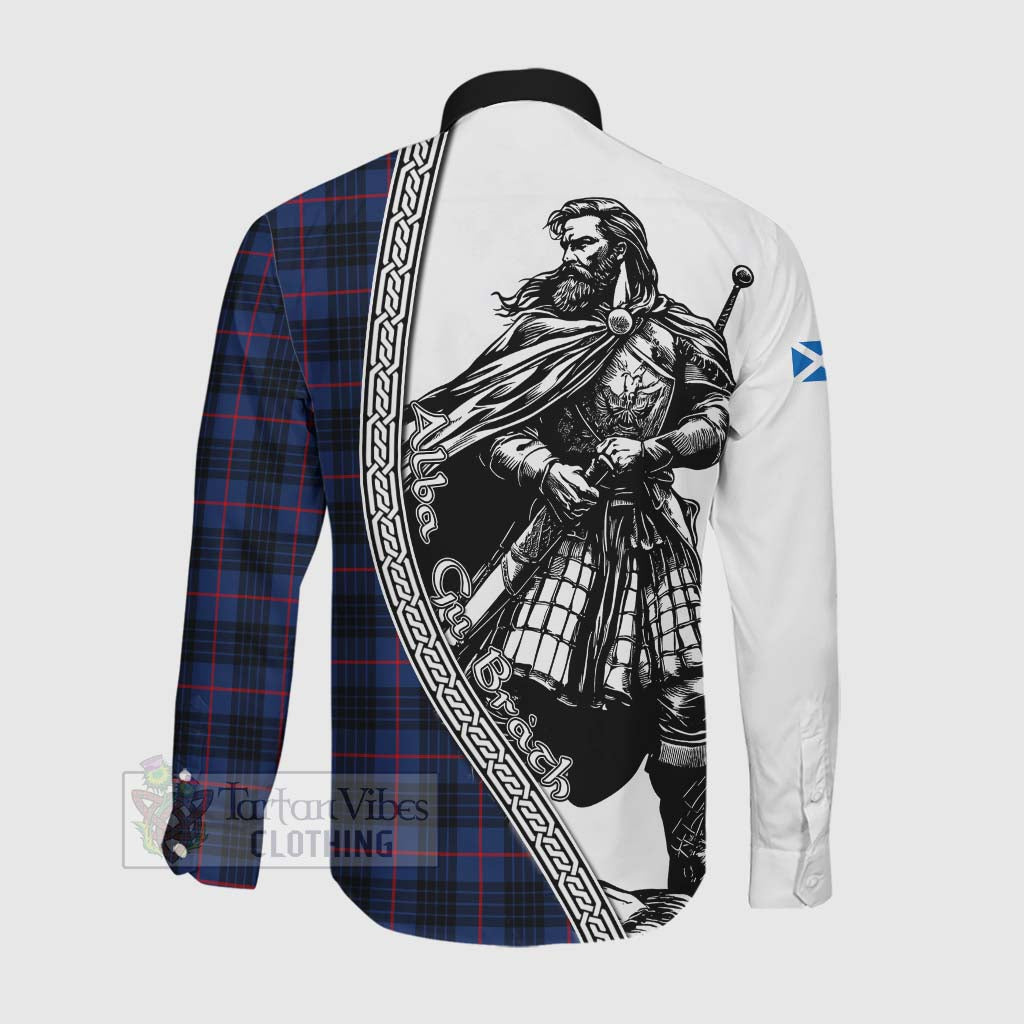 Morgan Tartan Clan Crest Long Sleeve Button Shirt with Highlander Warrior Celtic Style Men's Shirt - Tartan Vibes Clothing