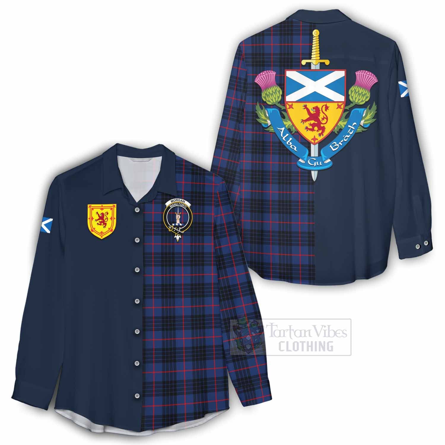 Morgan Tartan Women's Casual Shirt Alba with Scottish Lion Royal Arm Half Style - Tartan Vibes Clothing