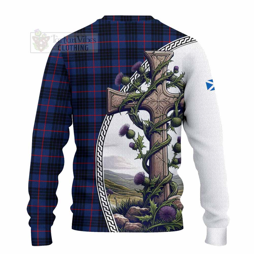 Morgan Tartan Knitted Sweater with Family Crest and St. Andrew's Cross Accented by Thistle Vines - Tartan Vibes Clothing