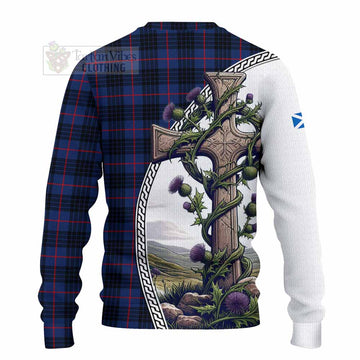 Morgan Tartan Knitted Sweater with Family Crest and St. Andrew's Cross Accented by Thistle Vines - Tartan Vibes Clothing