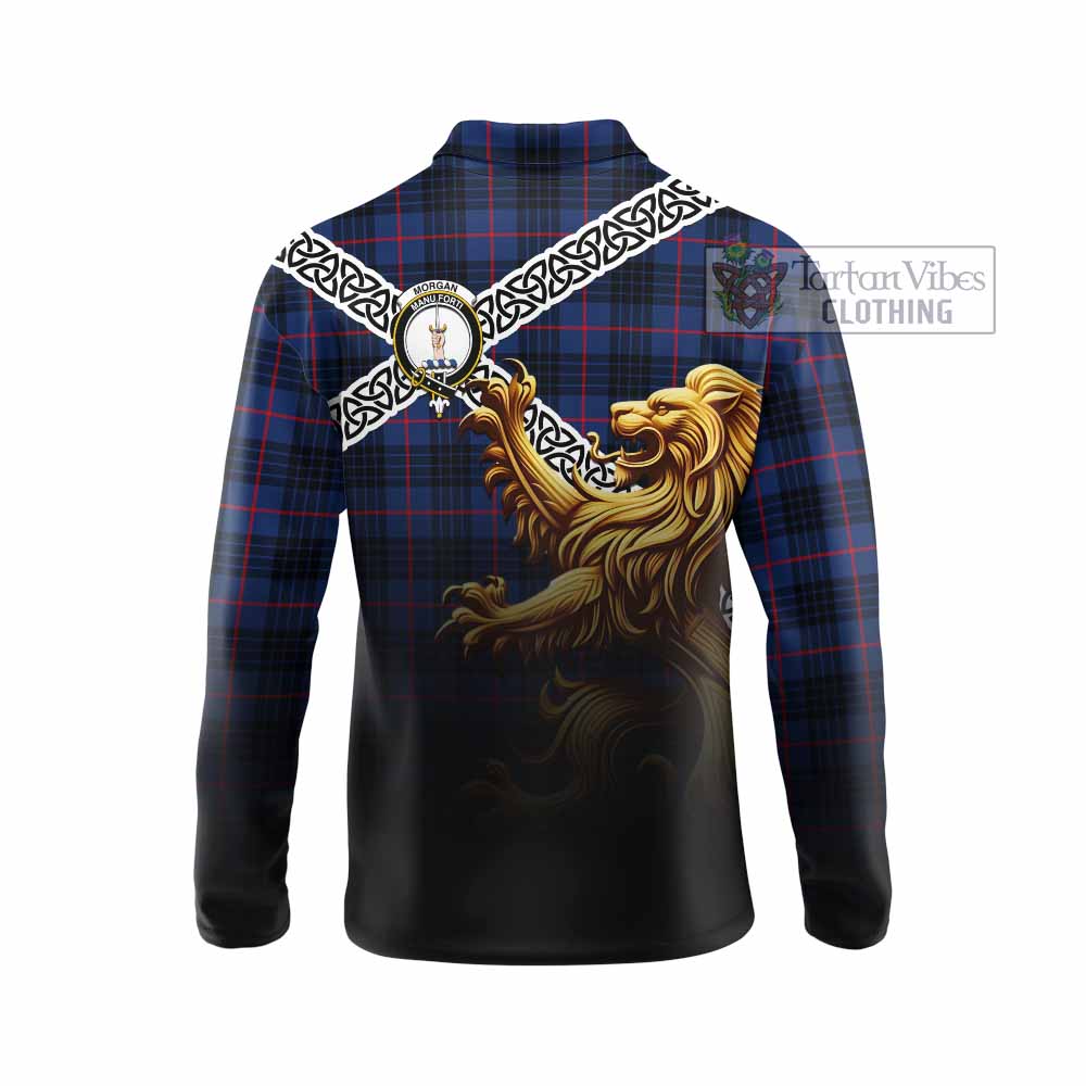 Morgan Crest Tartan Long Sleeve Polo Shirt with Golden Lion Emblem Celtic Style - Tartan Vibes Clothing