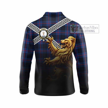 Morgan Crest Tartan Long Sleeve Polo Shirt with Golden Lion Emblem Celtic Style - Tartan Vibes Clothing