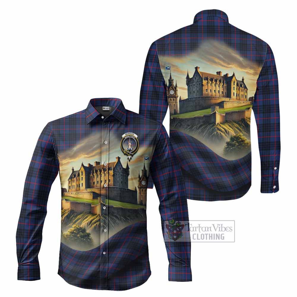 Tartan Vibes Clothing Morgan Tartan Family Crest Long Sleeve Button Shirt with Scottish Ancient Castle Style