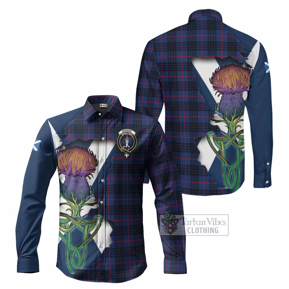 Tartan Vibes Clothing Morgan Tartan Family Crest Long Sleeve Button Shirt Scottish Thistle Celtic Inspired