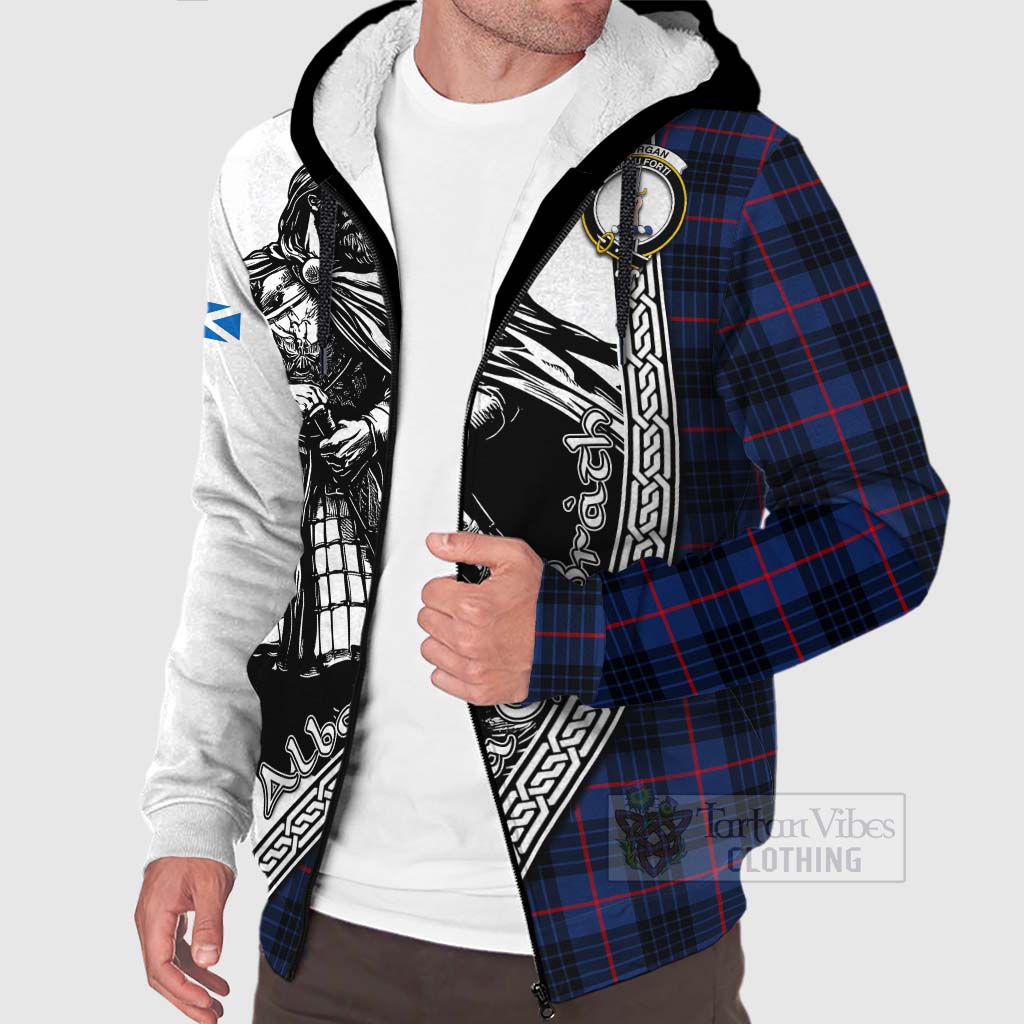 Morgan Tartan Clan Crest Sherpa Hoodie with Highlander Warrior Celtic Style Unisex - Tartan Vibes Clothing