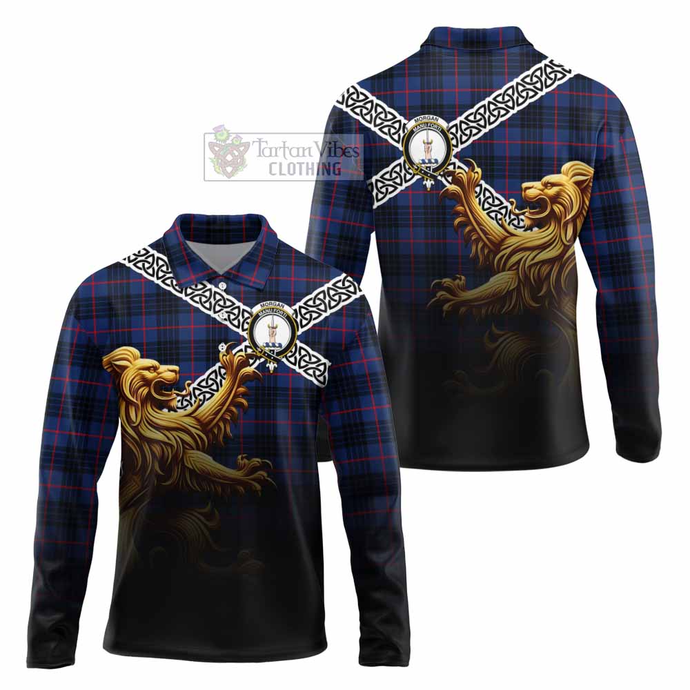 Morgan Crest Tartan Long Sleeve Polo Shirt with Golden Lion Emblem Celtic Style - Tartan Vibes Clothing