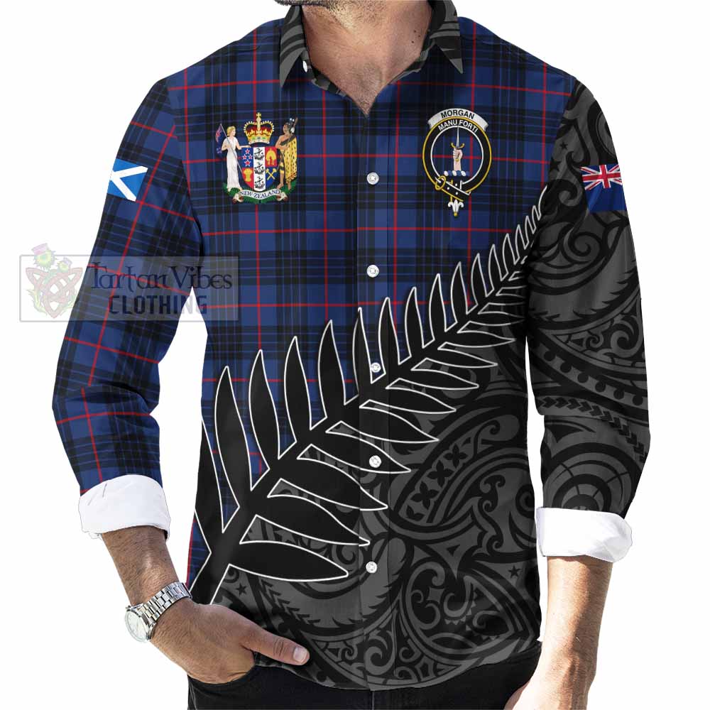 Tartan Vibes Clothing Morgan Crest Tartan Long Sleeve Button Shirt with New Zealand Silver Fern Half Style