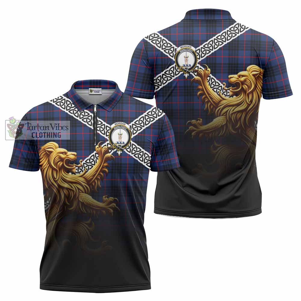 Morgan Crest Tartan Zipper Polo Shirt with Golden Lion Emblem Celtic Style - Tartan Vibes Clothing