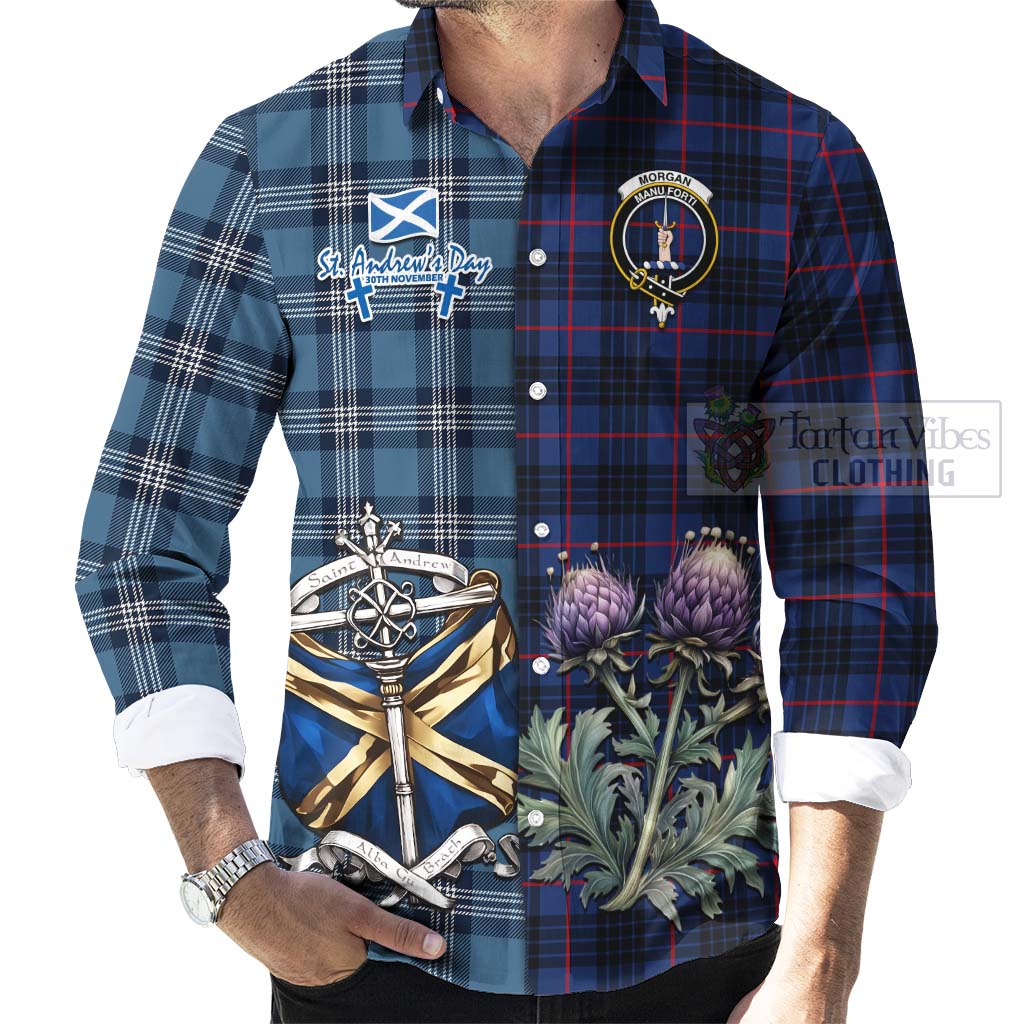 Morgan Tartan Long Sleeve Button Shirt Happy St. Andrew's Day Half Tartan Style - Tartan Vibes Clothing