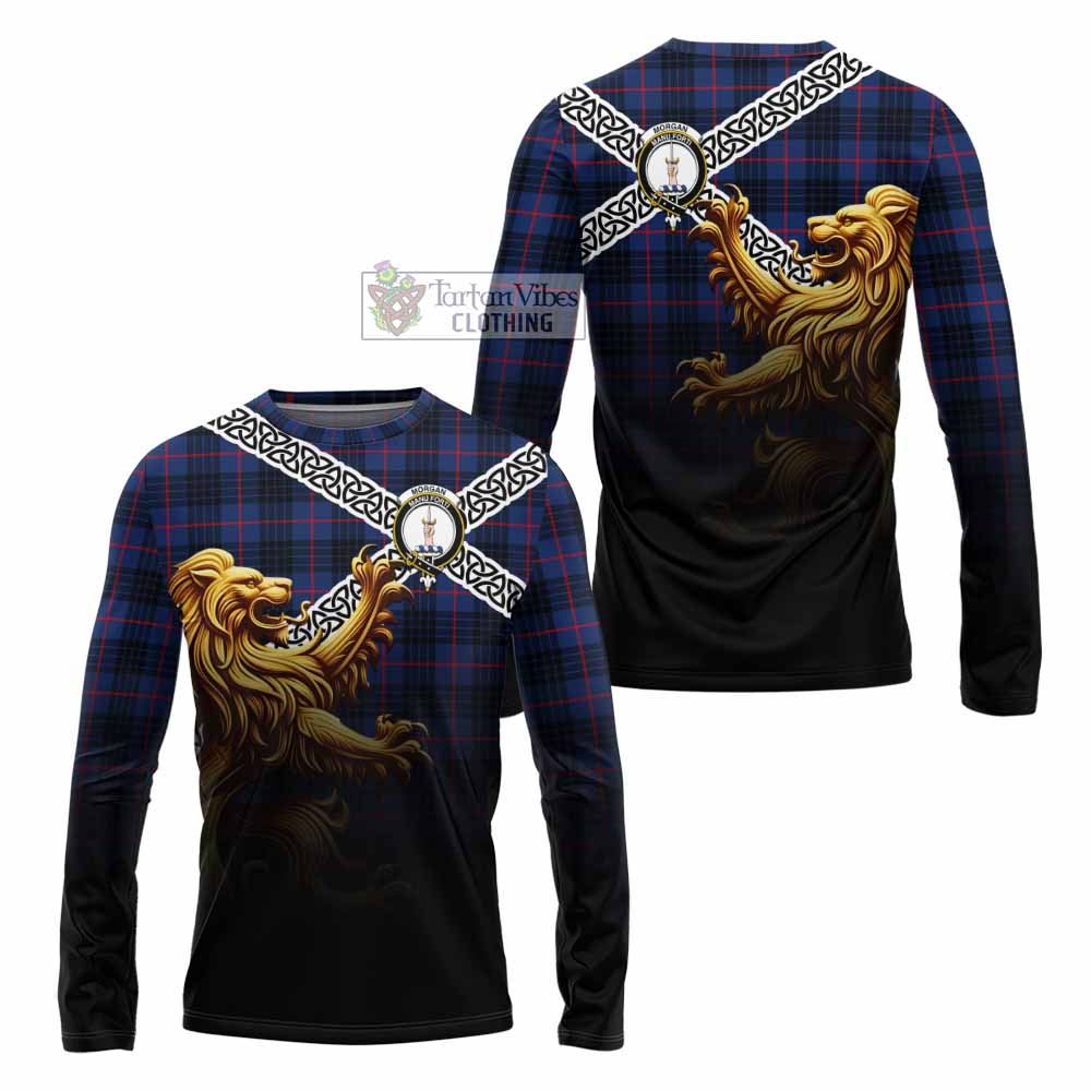 Morgan Crest Tartan Long Sleeve T-Shirt with Golden Lion Emblem Celtic Style - Tartan Vibes Clothing
