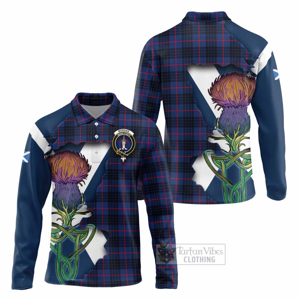 Tartan Vibes Clothing Morgan Tartan Family Crest Long Sleeve Polo Shirt Scottish Thistle Celtic Inspired
