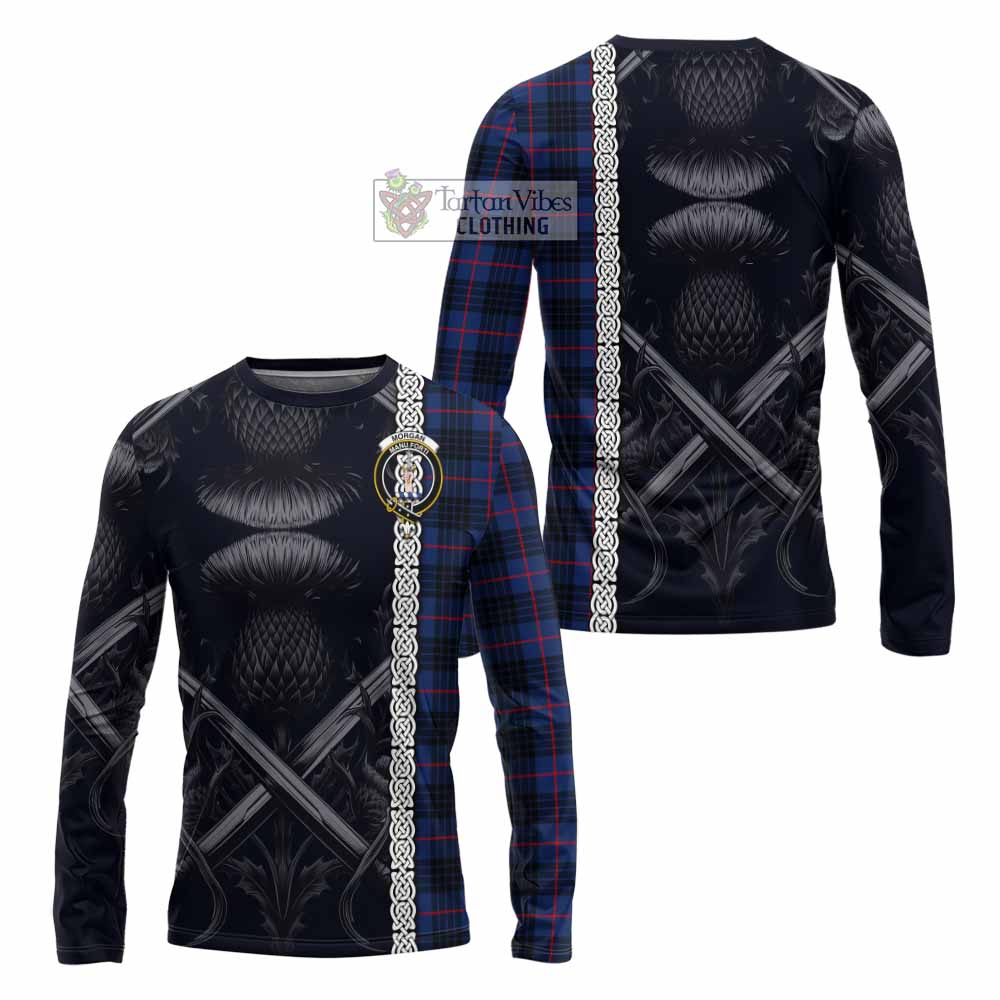 Morgan Tartan Long Sleeve T-Shirt with Family Crest Cross Sword Thistle Celtic Vibes - Tartan Vibes Clothing