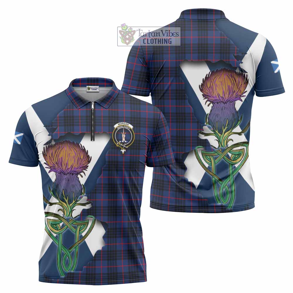Morgan Tartan Family Crest Zipper Polo Shirt Scottish Thistle Celtic Inspired - Tartan Vibes Clothing