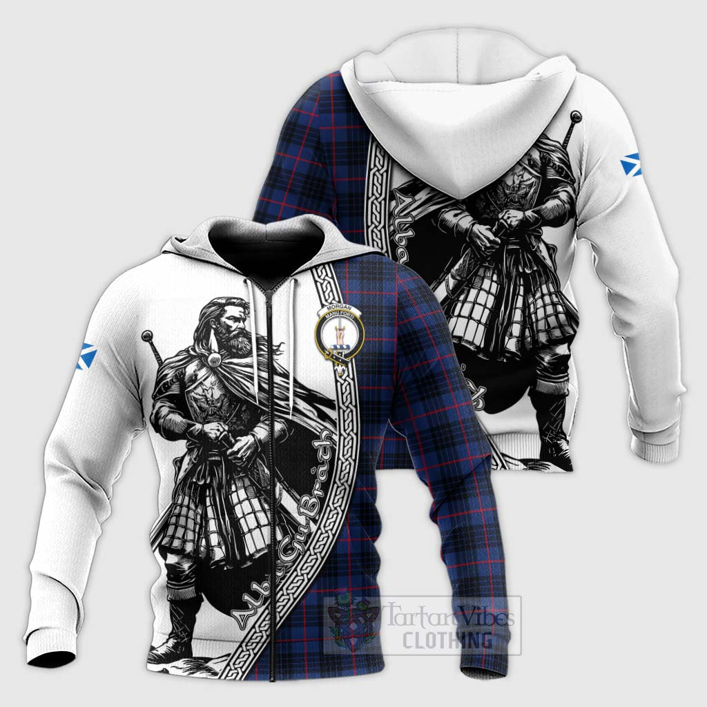 Morgan Tartan Clan Crest Knitted Hoodie with Highlander Warrior Celtic Style Unisex Knitted Zip Hoodie - Tartan Vibes Clothing