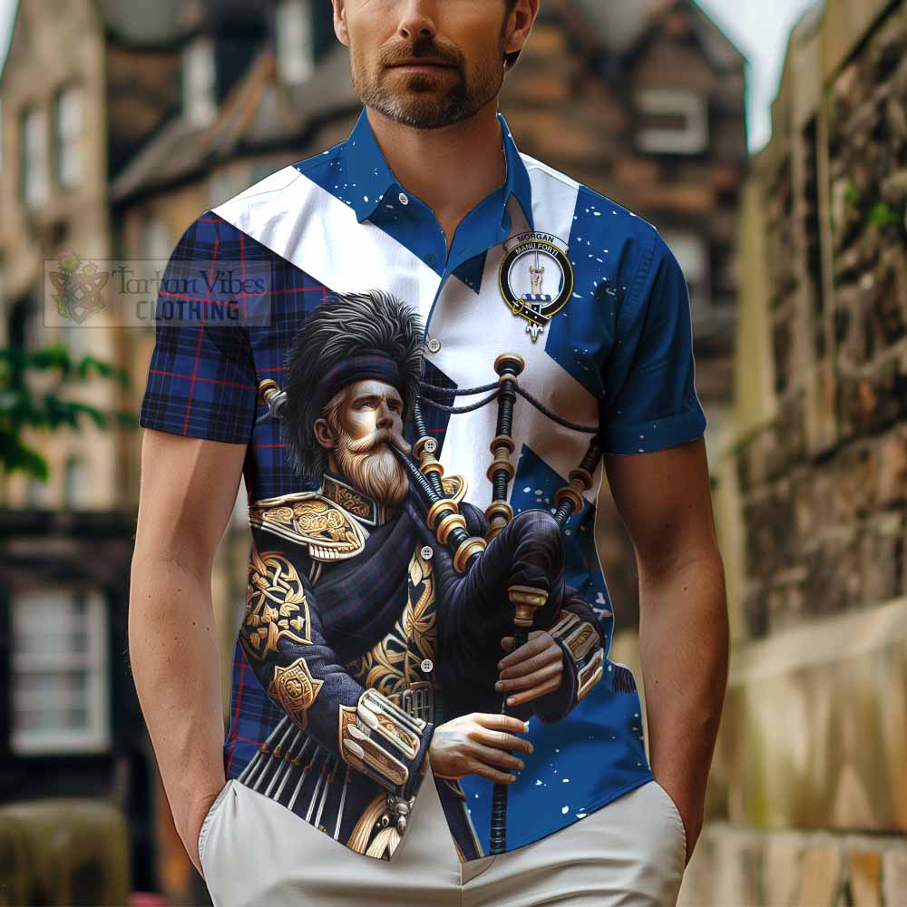 Morgan Tartan Hawaiian Shirt with Family Crest Scottish Bagpiper Vibes - Tartan Vibes Clothing