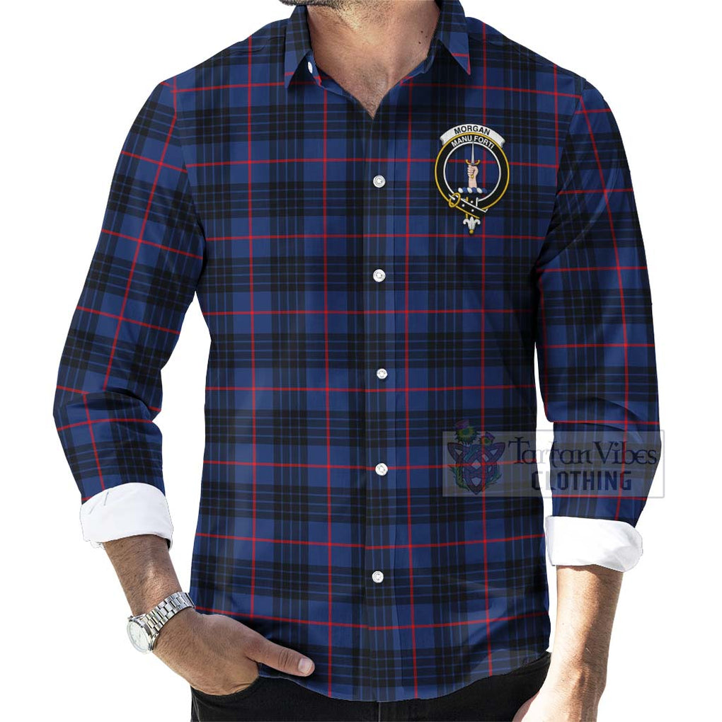Morgan Tartan Long Sleeve Button Shirt with Family Crest Celtic Skull Style - Tartan Vibes Clothing
