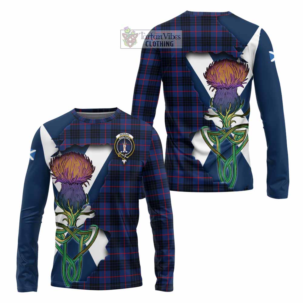 Tartan Vibes Clothing Morgan Tartan Family Crest Long Sleeve T-Shirt Scottish Thistle Celtic Inspired