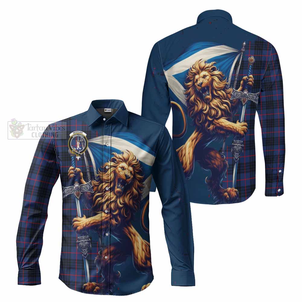 Morgan Tartan Family Crest Long Sleeve Button Shirt with Scottish Majestic Lion - Tartan Vibes Clothing