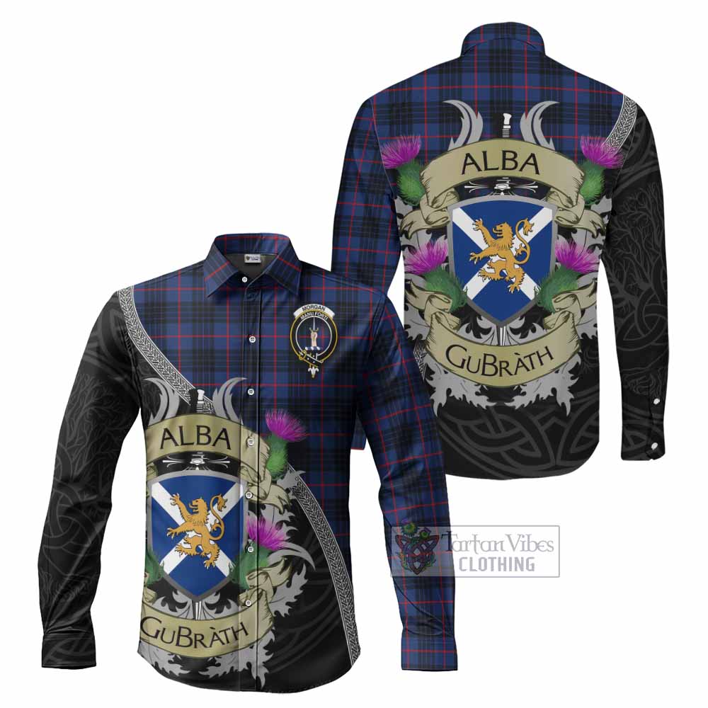 Morgan Tartan Family Crest Long Sleeve Button Shirt Lion Rampant Royal Thistle Shield Celtic Inspired - Tartan Vibes Clothing