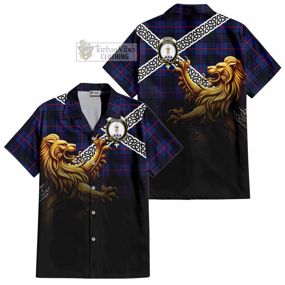 Morgan Crest Tartan Hawaiian Shirt with Golden Lion Emblem Celtic Style - Tartan Vibes Clothing