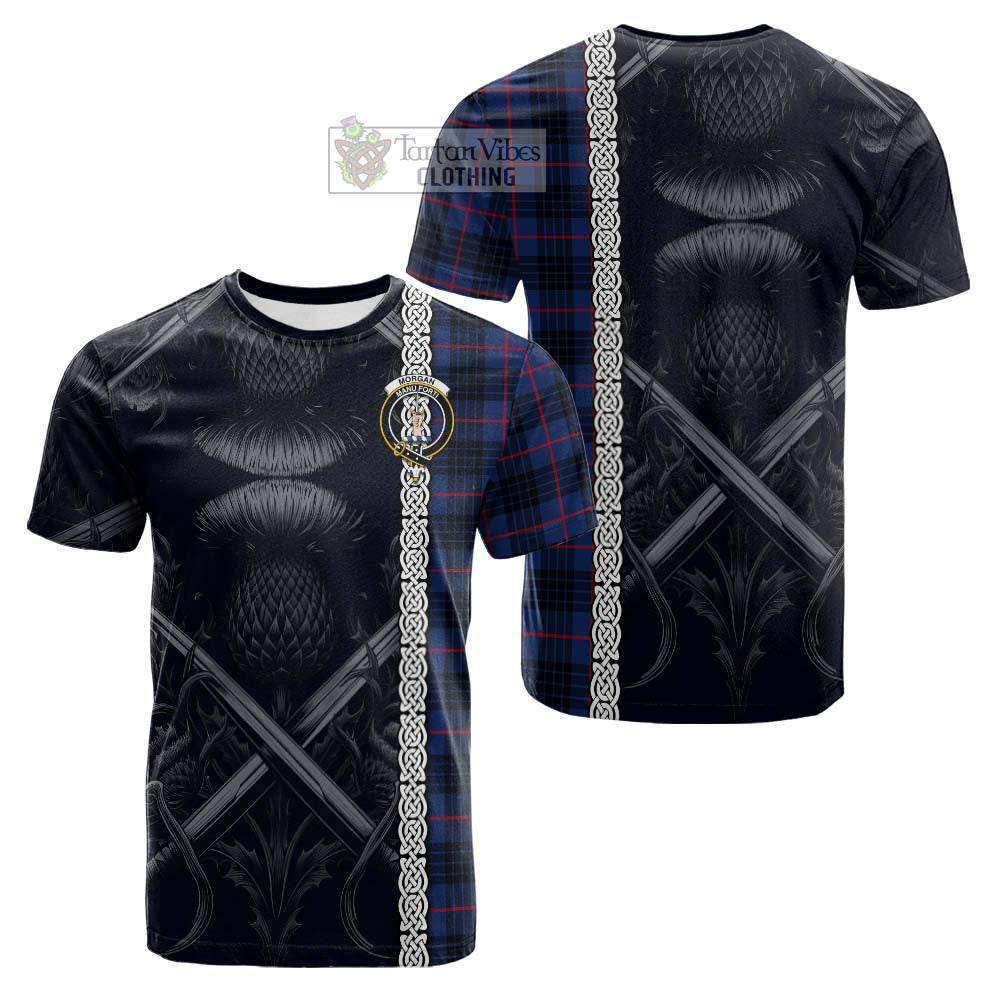 Morgan Tartan Cotton T-shirt with Family Crest Cross Sword Thistle Celtic Vibes - Tartan Vibes Clothing