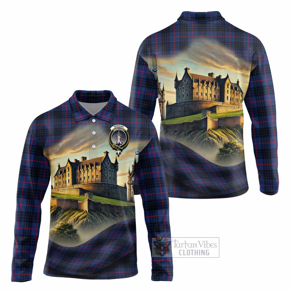 Morgan Tartan Family Crest Long Sleeve Polo Shirt with Scottish Ancient Castle Style - Tartan Vibes Clothing