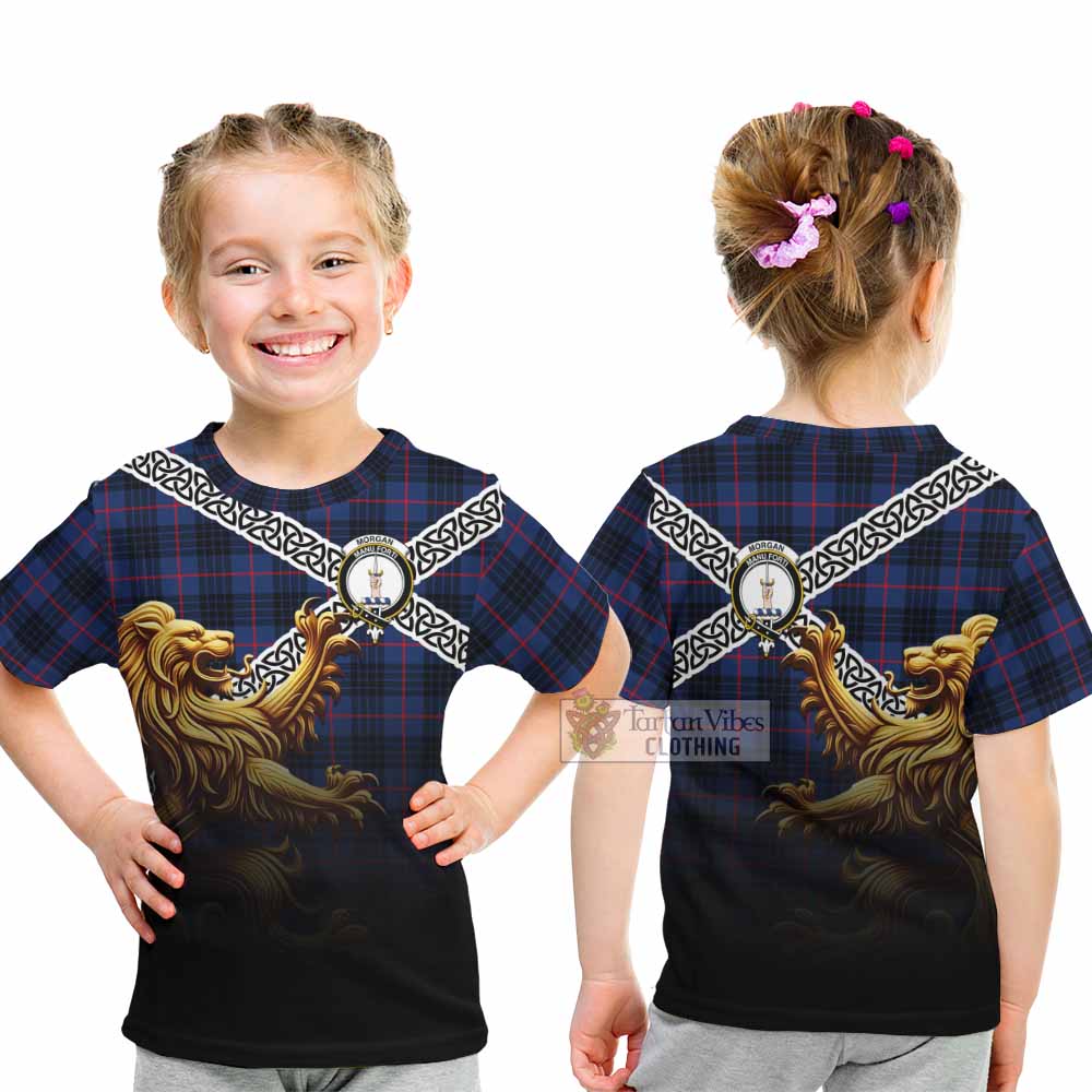 Morgan Crest Tartan Kid T-Shirt with Golden Lion Emblem Celtic Style - Tartan Vibes Clothing
