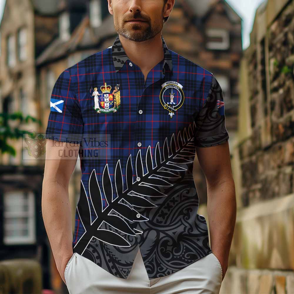 Tartan Vibes Clothing Morgan Crest Tartan Short Sleeve Button Shirt with New Zealand Silver Fern Half Style