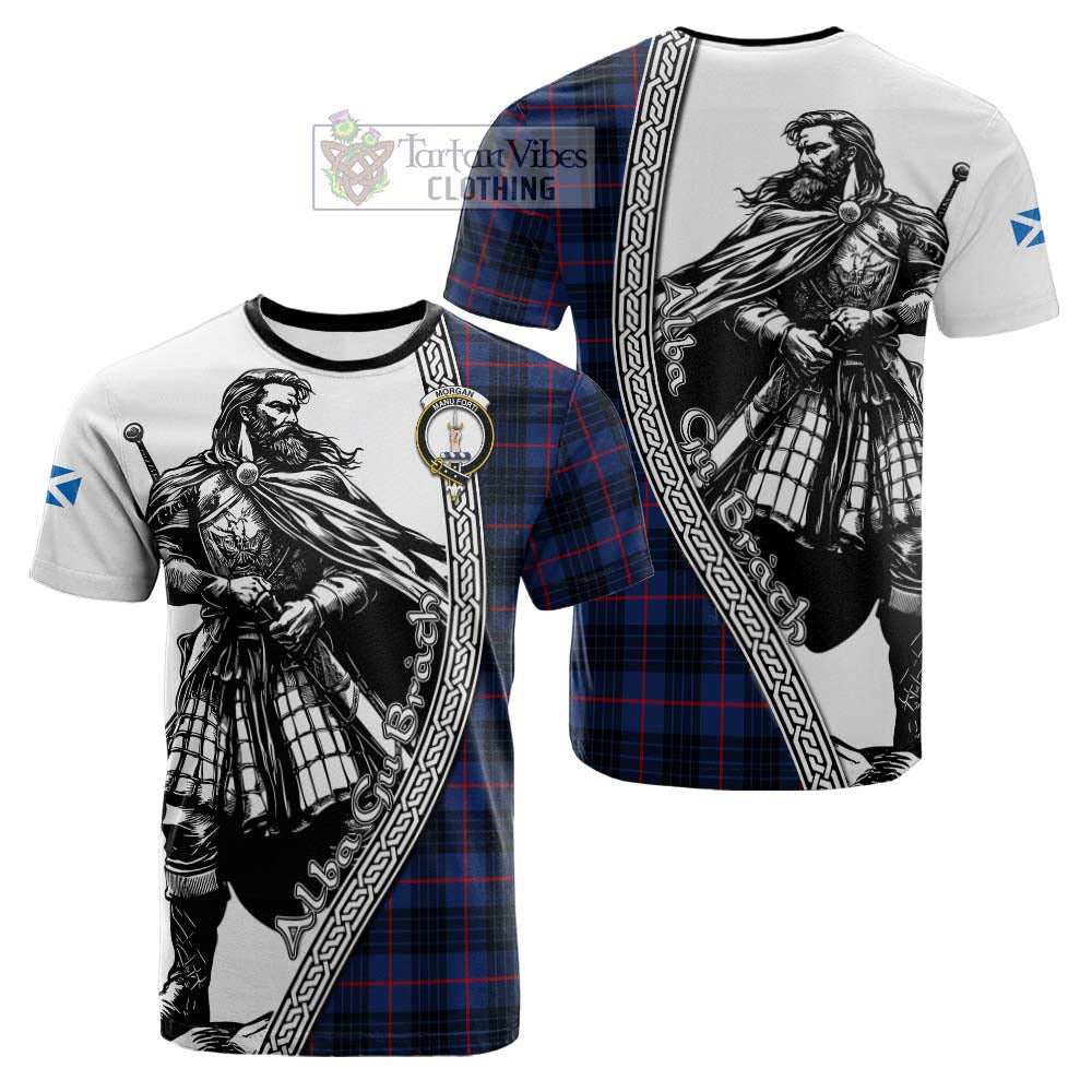 Morgan Tartan Clan Crest Cotton T-shirt with Highlander Warrior Celtic Style - Tartan Vibes Clothing