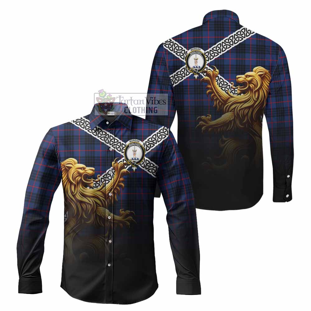 Morgan Crest Tartan Long Sleeve Button Shirt with Golden Lion Emblem Celtic Style - Tartan Vibes Clothing
