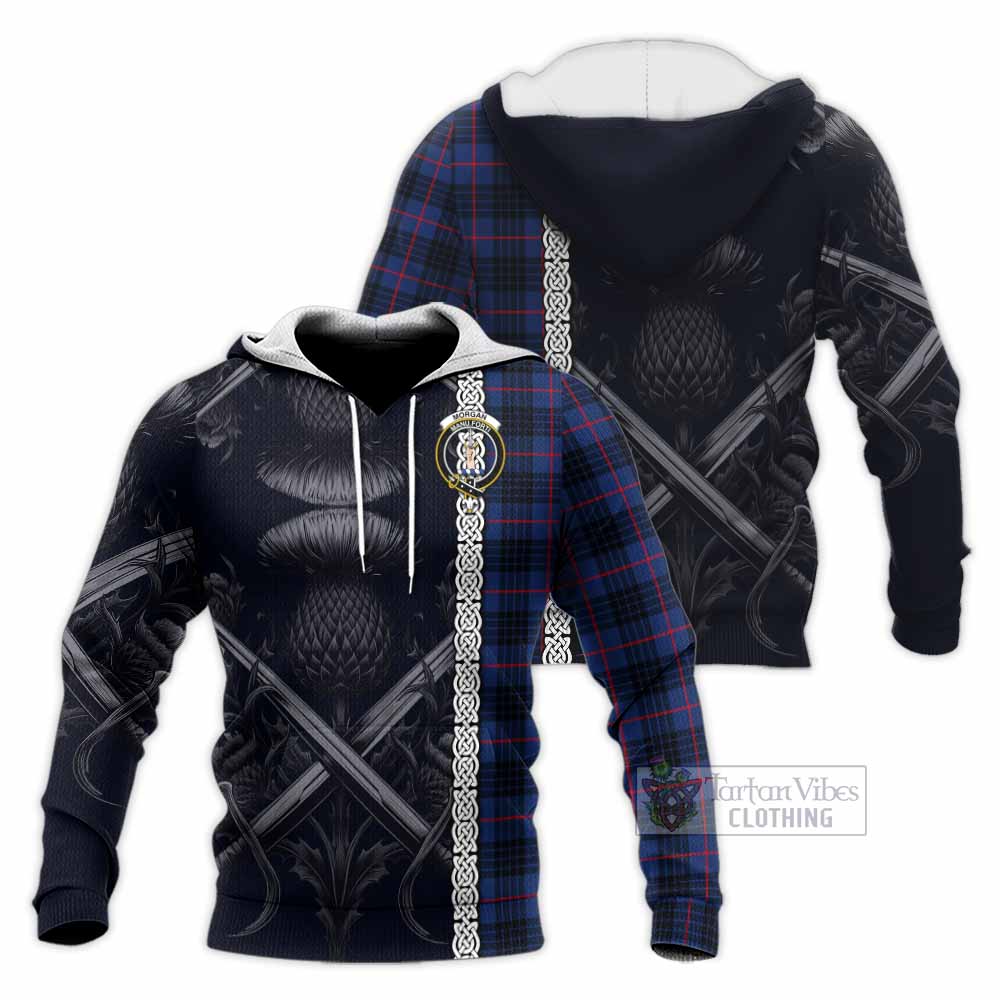 Morgan Tartan Knitted Hoodie with Family Crest Cross Sword Thistle Celtic Vibes - Tartan Vibes Clothing