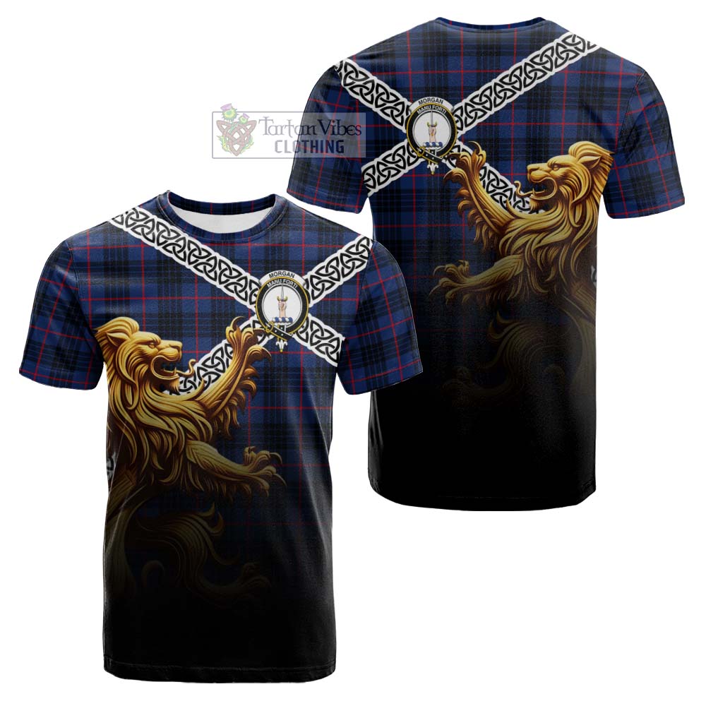 Morgan Crest Tartan Cotton T-shirt with Golden Lion Emblem Celtic Style - Tartan Vibes Clothing