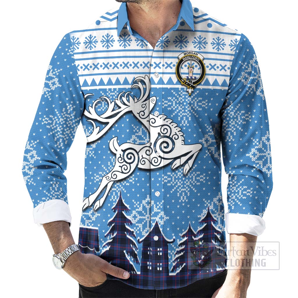 Morgan Clan Christmas Long Sleeve Button Shirt Celtic Reindeer Style - Tartan Vibes Clothing