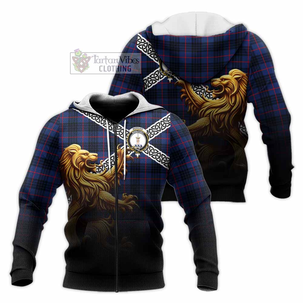 Morgan Crest Tartan Knitted Hoodie with Golden Lion Emblem Celtic Style Unisex Knitted Zip Hoodie - Tartan Vibes Clothing