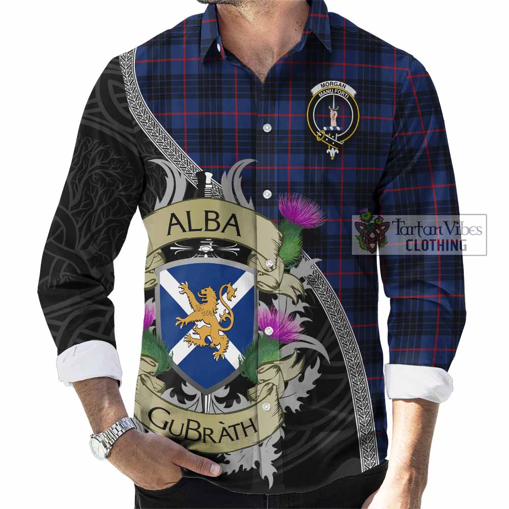 Morgan Tartan Family Crest Long Sleeve Button Shirt Lion Rampant Royal Thistle Shield Celtic Inspired - Tartan Vibes Clothing