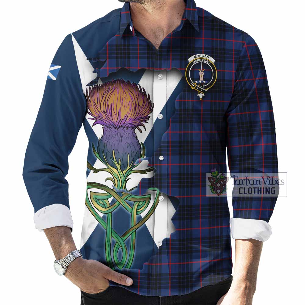 Tartan Vibes Clothing Morgan Tartan Family Crest Long Sleeve Button Shirt Scottish Thistle Celtic Inspired