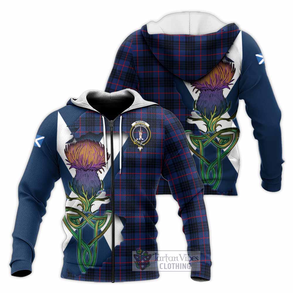 Tartan Vibes Clothing Morgan Tartan Family Crest Knitted Hoodie Scottish Thistle Celtic Inspired
