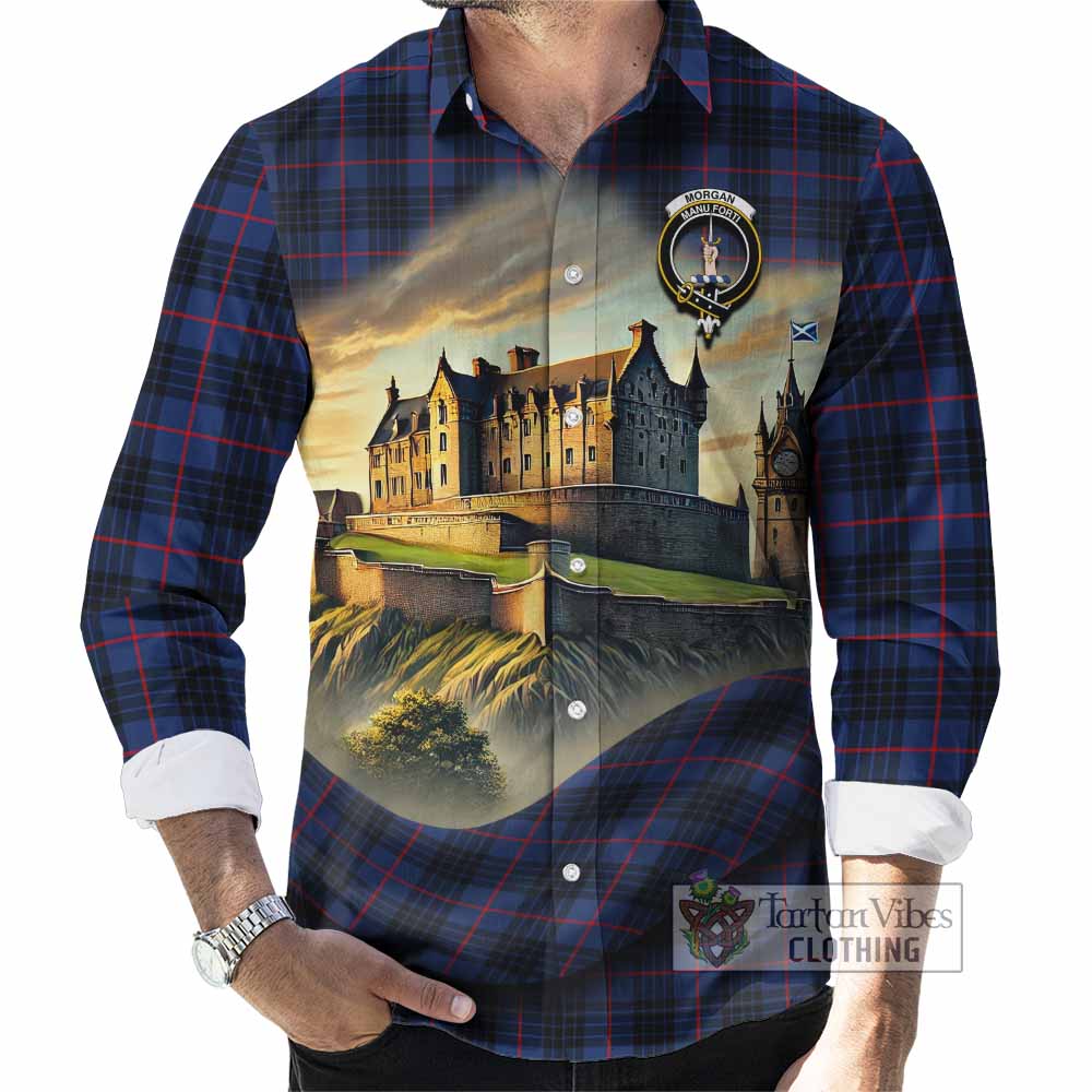 Tartan Vibes Clothing Morgan Tartan Family Crest Long Sleeve Button Shirt with Scottish Ancient Castle Style