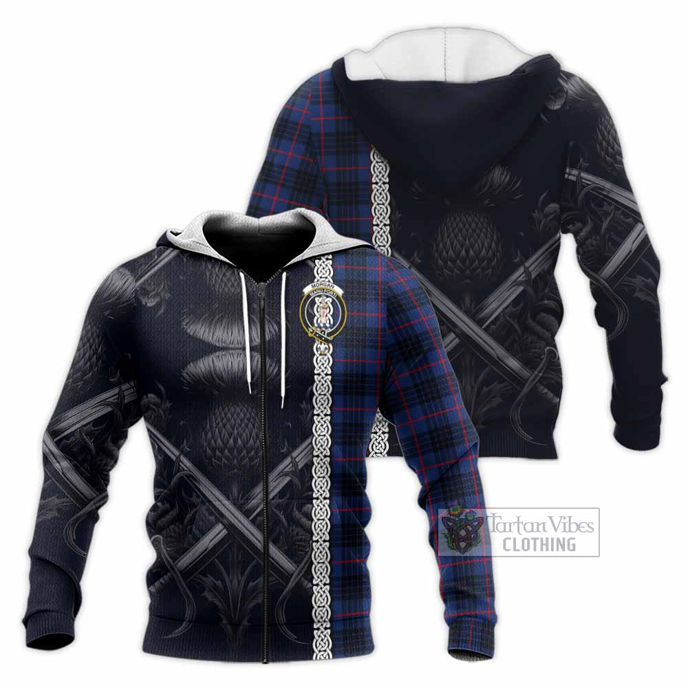 Morgan Tartan Knitted Hoodie with Family Crest Cross Sword Thistle Celtic Vibes Unisex Knitted Zip Hoodie - Tartan Vibes Clothing