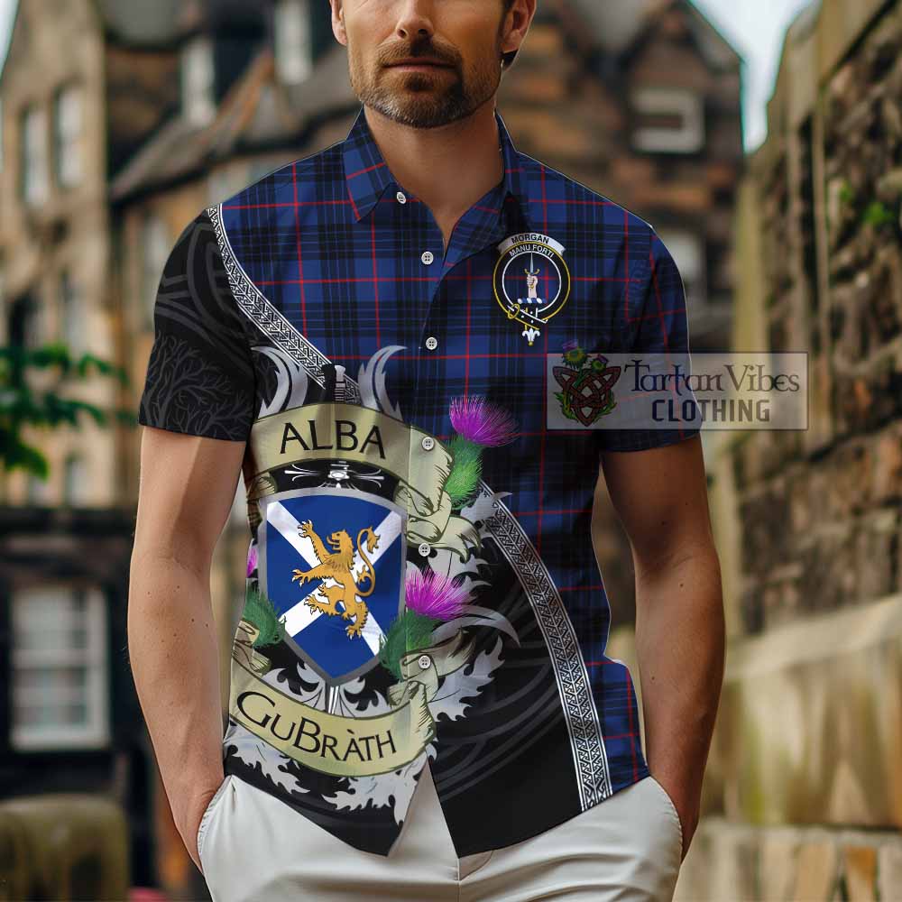 Morgan Tartan Family Crest Hawaiian Shirt Lion Rampant Royal Thistle Shield Celtic Inspired - Tartan Vibes Clothing
