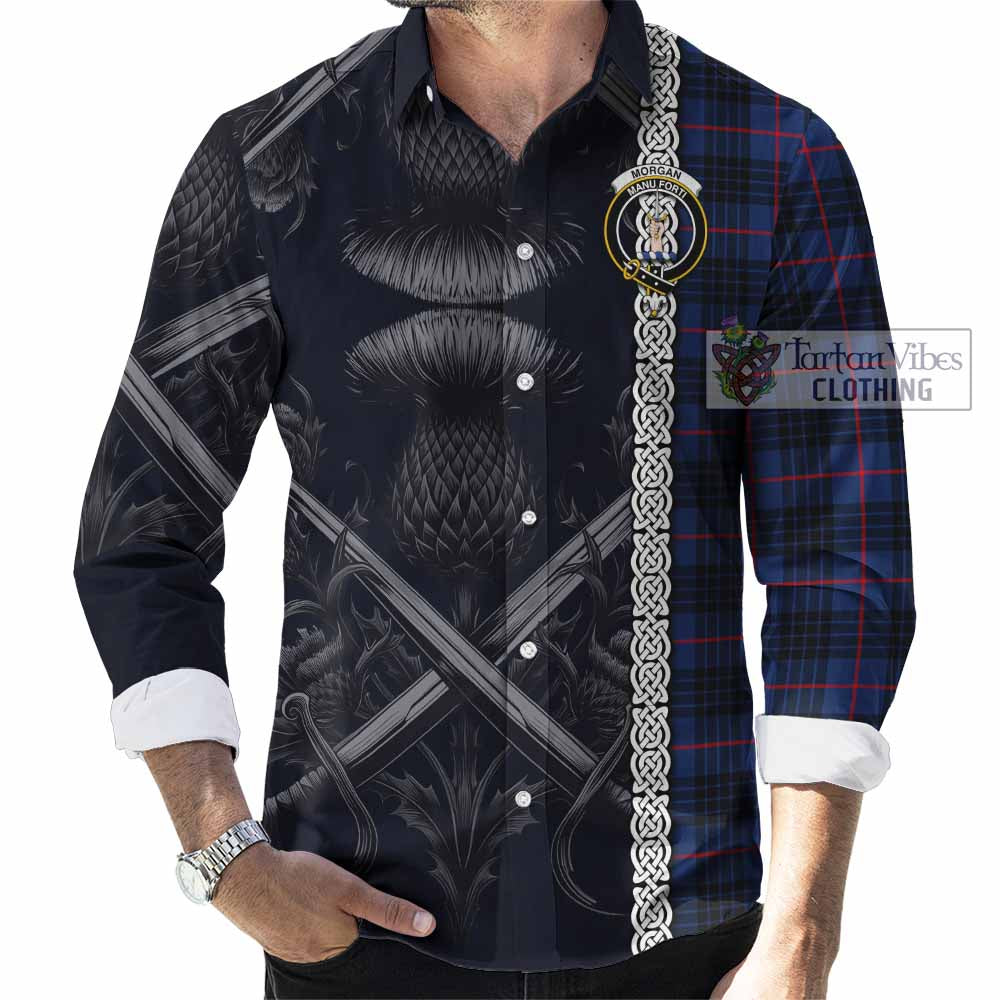 Tartan Vibes Clothing Morgan Tartan Long Sleeve Button Shirt with Family Crest Cross Sword Thistle Celtic Vibes