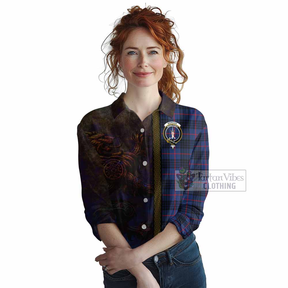 Tartan Vibes Clothing Morgan Tartan Family Crest Women's Casual Shirt Alba Gu Brath Be Brave Lion Ancient Style