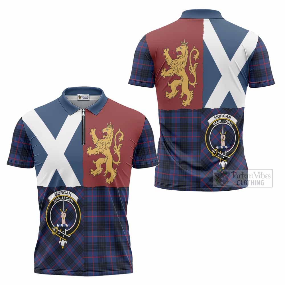 Morgan Crest Tartan Zipper Polo Shirt with Lion Rampant Saltire Style