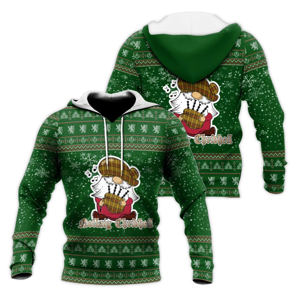 Morgan of Wales Clan Christmas Knitted Hoodie with Funny Gnome Playing Bagpipes Green - Tartanvibesclothing