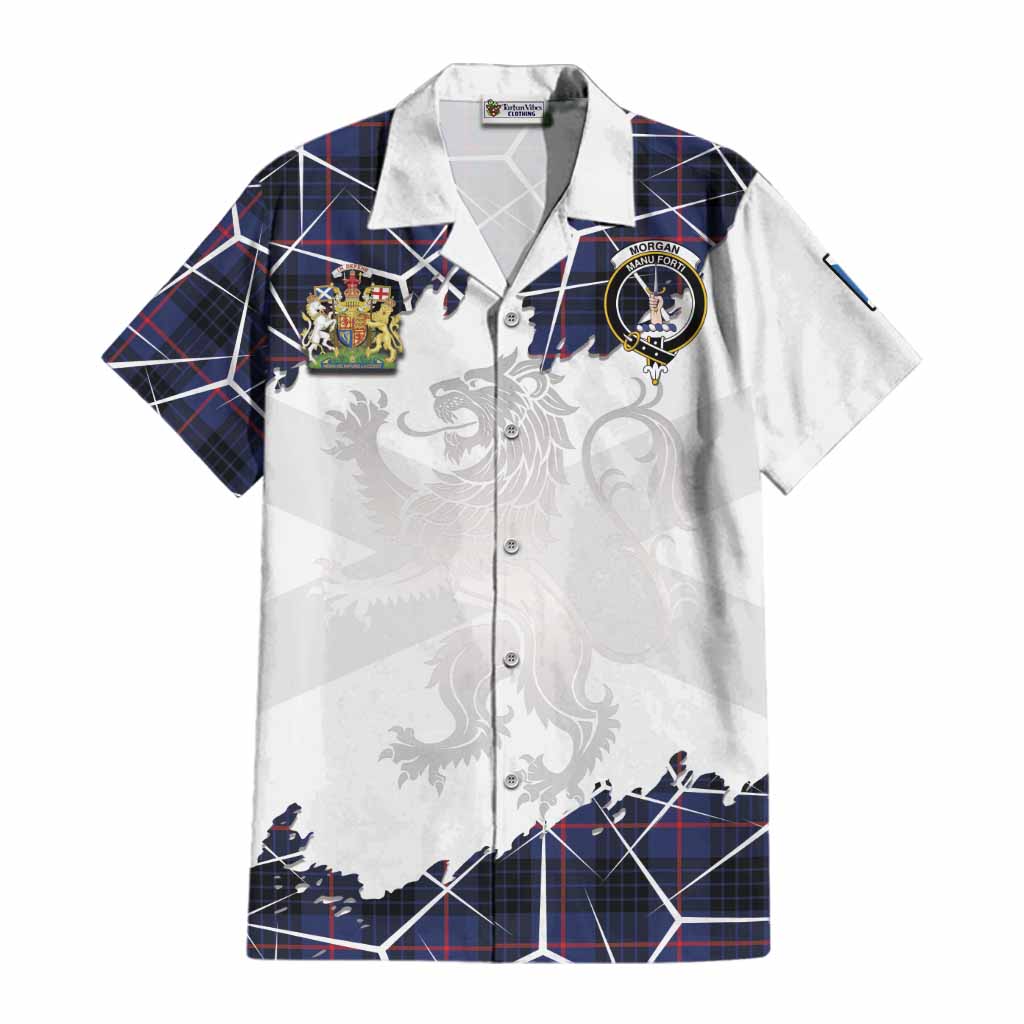 Morgan Tartan Cotton Hawaiian Shirt with Family Crest and Lion Rampant Grunge Style