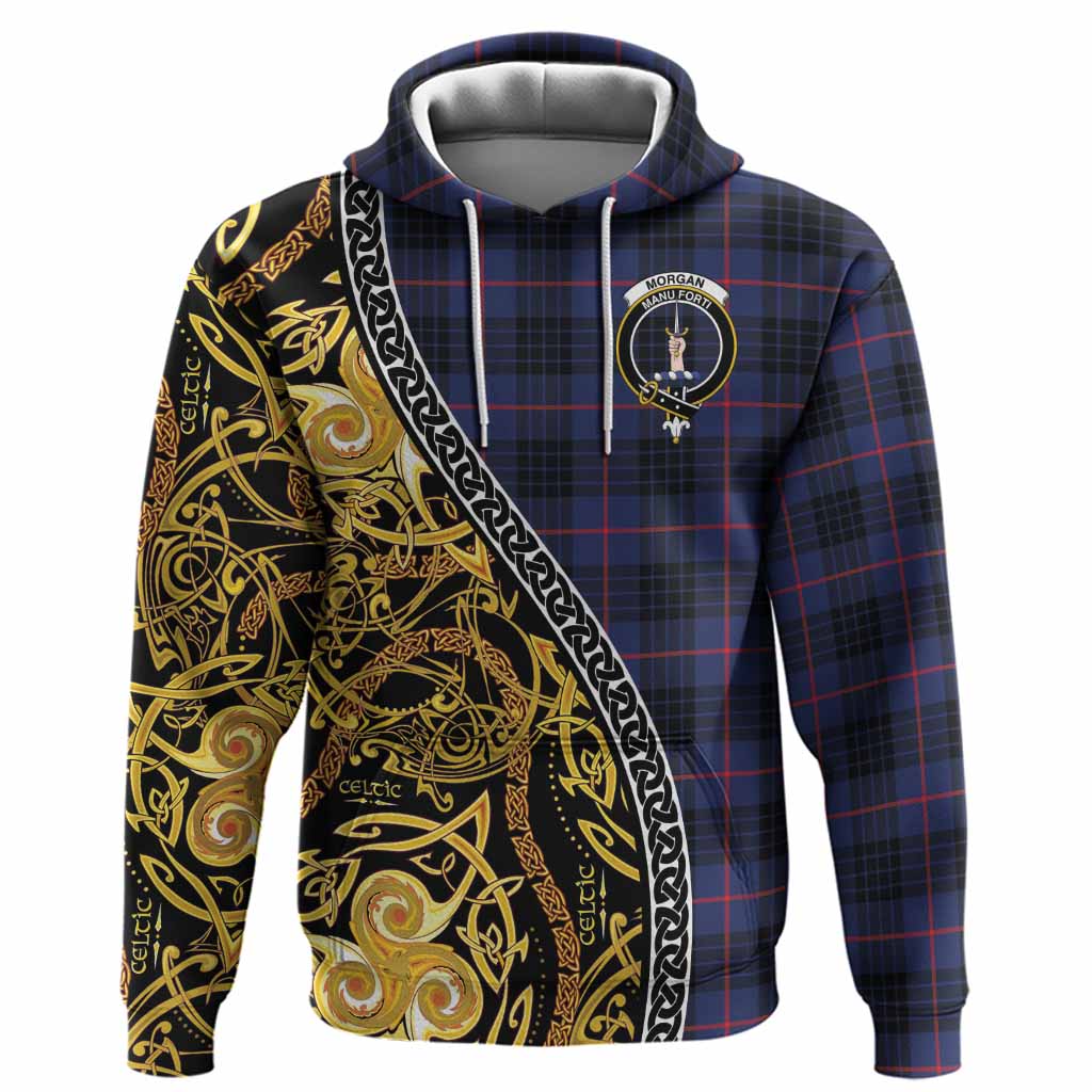 Morgan Tartan Crest Hoodie Celtic Knot and Triple Trickle Spiral Symbols