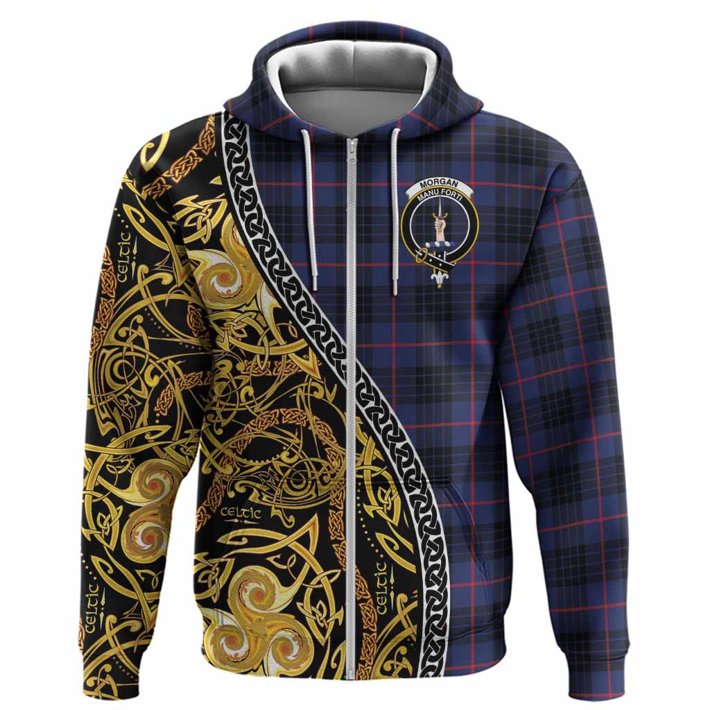 Morgan Tartan Crest Hoodie Celtic Knot and Triple Trickle Spiral Symbols