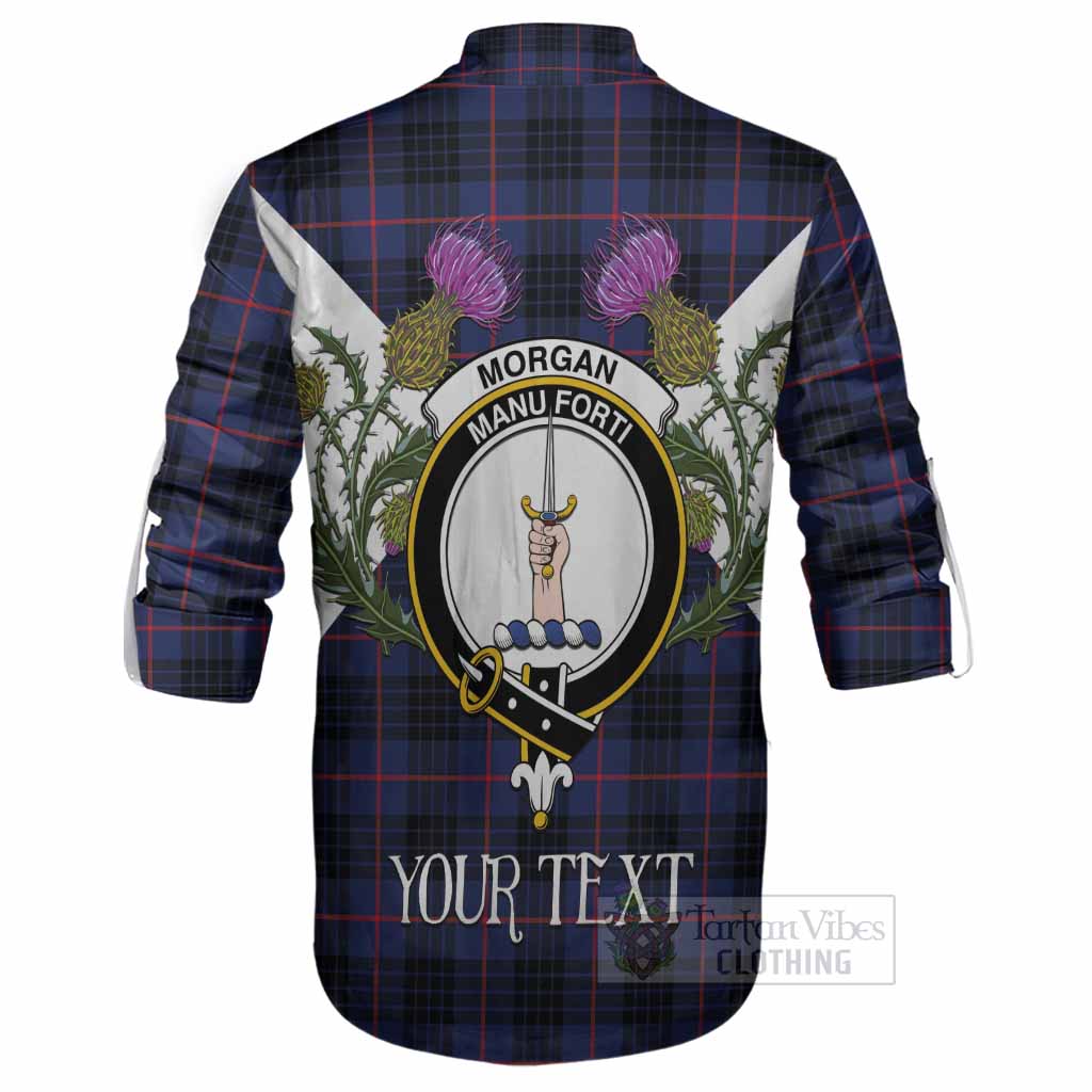 Morgan Tartan Family Crest Ghillie Shirt Scottish Burns Night Thistle Floral