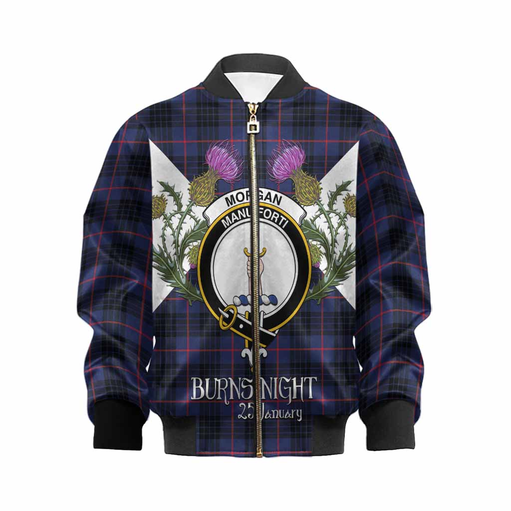 Morgan Tartan Family Crest Kid Bomber Jacket Scottish Burns Night Thistle Floral