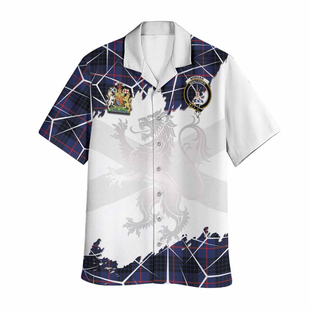 Morgan Tartan Hawaiian Shirt with Family Crest and Lion Rampant Grunge Style
